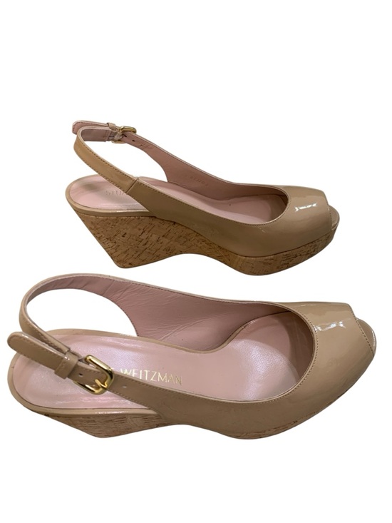 Stuart Weitzman Women’s Adobe Nude Patent Leather Peep-Toe Wedge Slingbacks 7.5 - Picture 6 of 8